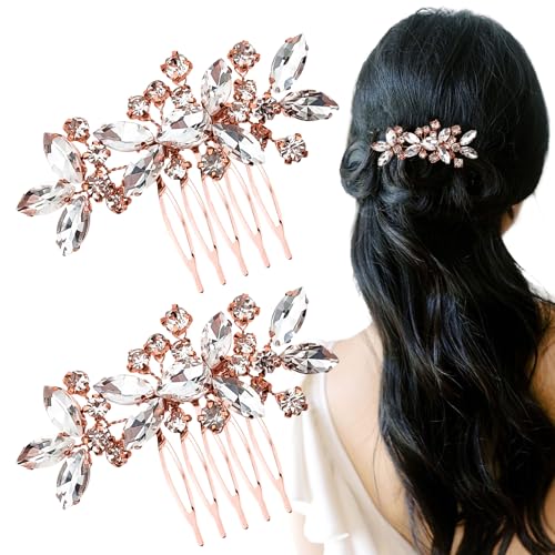 2PCS Rose Gold Rhinestone Hair Combs Clear Crystals Wedding Metal Hair Combs Sparkly Crystal Bridal Hair Accessories for Bridesmaids Women Girls
