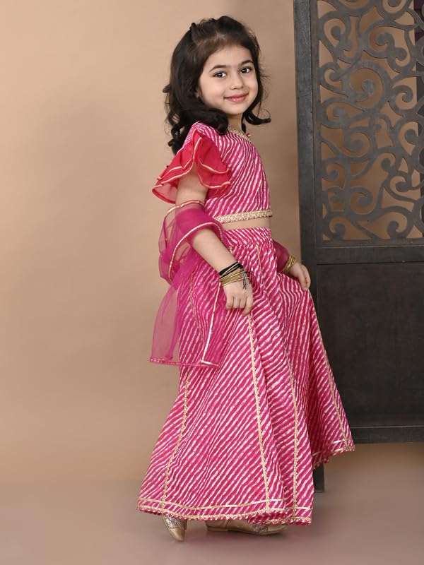 Image of superminis Girl's Cotton One Shoulder Lehariya Printed Readymade Lehenga Choli And Net Dupatta Set