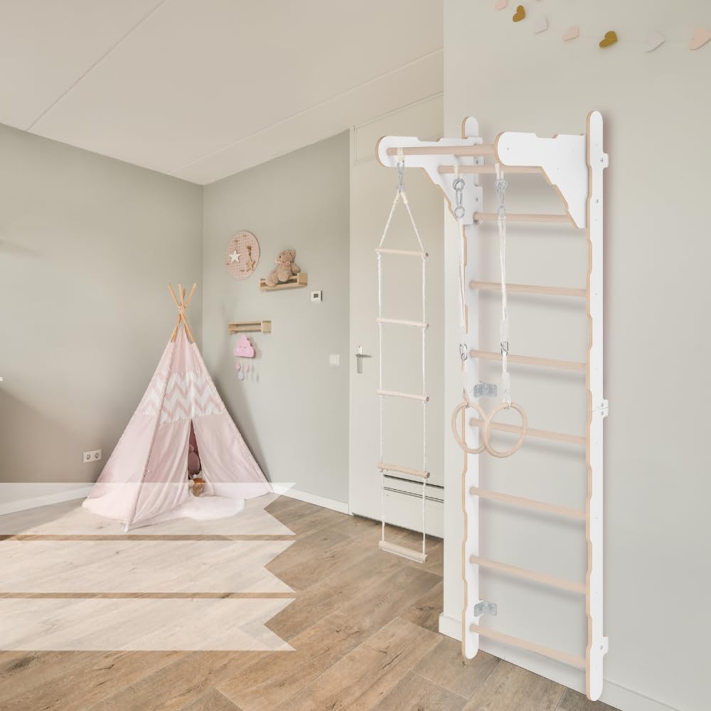 MAMOI® Gymnastik-Sprossenwand 210 cm | Wandmontierte Trainingsleiter aus Holz | Turnringe und Strickleiter | Indoor-Kletterwand für Zuhause | Stabil und sicher | Europäische Produktion