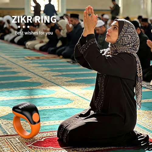 Image of Smart Tasbih Zikr Ring,Adjustable(18 /20 /22mm) Muslim Digital Azan Alarm Clock Counter,APP Support Digital Counter Prayer Reminder Rings, Waterproof 5 Digit Finger Counter for Muslims(Orange)