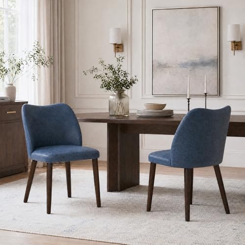 Image of MALOL Dining Chairs Set of 2, Upholstered Leather Kitchen Chairs with Curved Back, Padded Seat and Solid Wood Legs, Modern Dining Chair for Kitchen Dining Room, Blue
