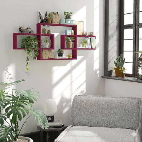 Image of Wooden Wall Shelves for Living Room, Bedroom Wall Mounted Rectangle Bookcase, Intersecting Wall Shelves for Storage Modern Decorative Display Shelves for Wall Decor (Pink)