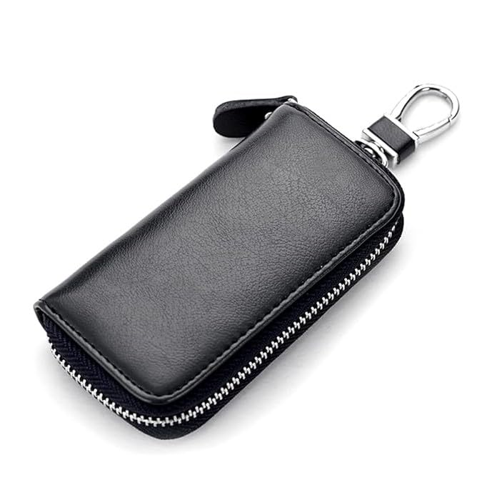 Premium Genuine Leather Key Holder Wallet for Men & Women 6 Hook Car & House Key Organizer Case Secure Zipper Closure Compact Keychain Holder Black-image-10