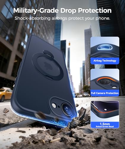 Image of FNTCASE for iPhone 17e Case: iPhone 16e Phone Case [360 Spin Magnetic Stand] [Compatible with Magsafe] [Screen Protector] Translucent Matte Military Grade Shockproof Protective Phone Cover Deep Blue