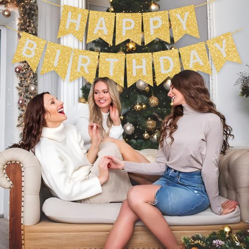 Image of Gold Happy Birthday Banner - 16 ft Pre-Strung Gold Birthday Party Decorations Sign for Girls, Boys, Kids, Women - No DIY Hanging Backdrop for Indoor & Outdoor Celebrations