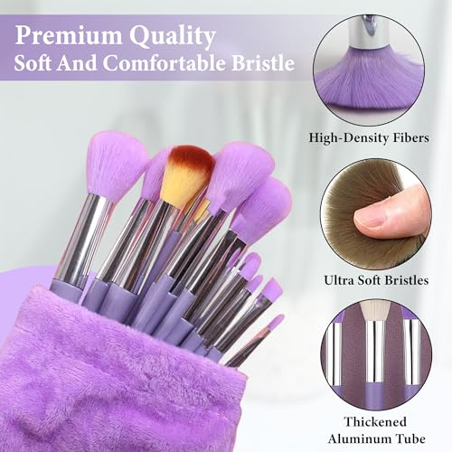 Image of GLUN 13 Piece Set Metallic Purple Colour, Travel Makeup Brushes with Cloth Bag for Makeup Artists, Foundation, Powder, Concealer, Eyeshadow, Blush, Highlighter, Eyebrow, Brushes