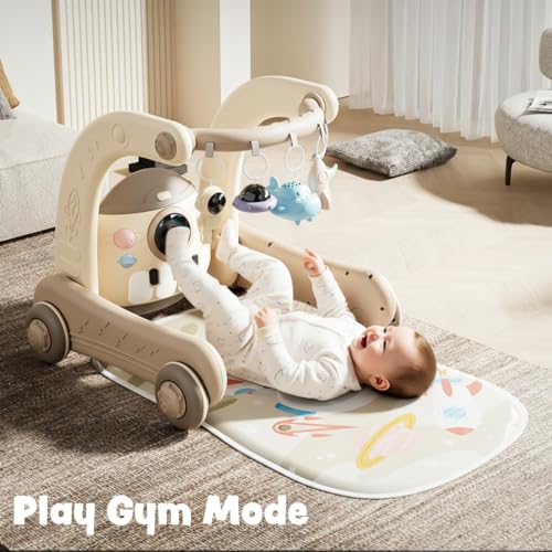 Image of Baybee 4-in-1 Activity Baby Walker for Kids with Convertible Play Gym, Musical Piano & Push Walker | Interactive Hanging Toys, Lights, Anti-Slip Wheels for Babies 0 to 3 Years (Brown)