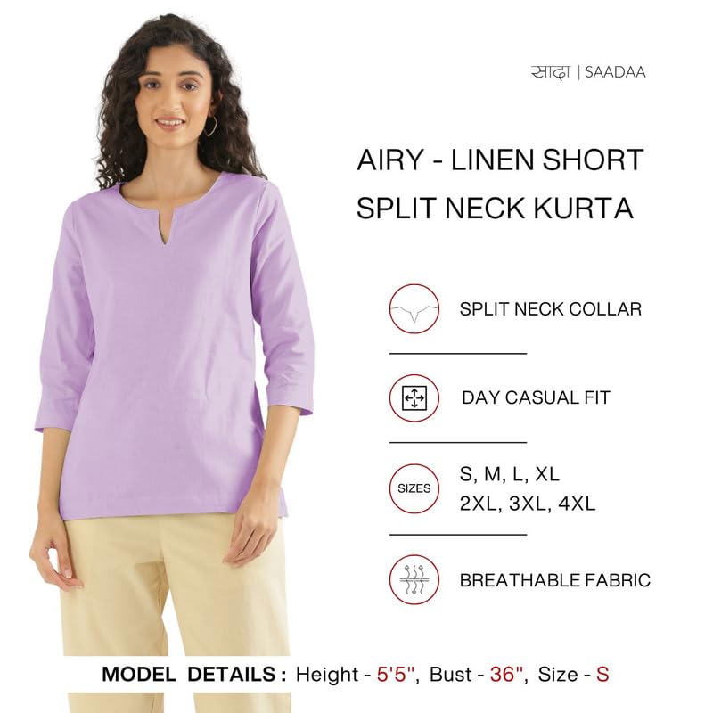 Image of SAADAA Airy Linen Split Neck Short Kurta for Women | Casual & Office Wear | 3 /4 Sleeves, Comfortable Fit | Elegant Top | Lightweight & Breathable Fabric |