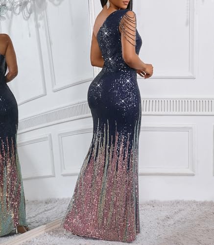 Image of Cololura Women Sequin Elegant Sexy One Shoulder Tassel Mermaid Bodycon Cocktail Evening Dress