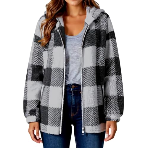 Fleece Jacket Women Fall Winter Sherpa Lined Plaid Hooded Jacket Baggy Lightweight Puffy Fuzzy Full Zip Cardigan Coat2