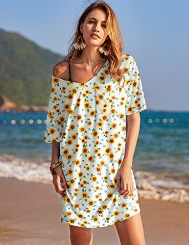 Image of Ekouaer Womens Tshirt Nightgown Cotton V Neck Sleepshirts Comfy Casual Nightshirt for Women