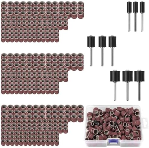 AOOSU Schleifhülsen Set, 345 Stück Schleifhülsen Nagelfräser mit 9 Stück Schleifwalzen und 336 Stück 60/120/320 Körnung Teilig Schleifen Bands, Schleifaufsätze für Dremel Drehwerkz