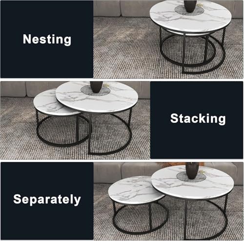 Image of 2-Piece Round Coffee Table Set | Marble Finish MDF Top with Golden Iron Frame | Modern Center & Side Table for Living Room, Bedroom & Small Spaces Black White