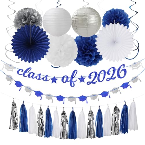 Image of Navy-Blue White Silver Graduation Party-Decorations Garland - 31pcs Congrats Grad Class 2026 Banner,Hat Hanging Streamers,College High School Congratulations Master Classroom Backdrop Decor Burgleda