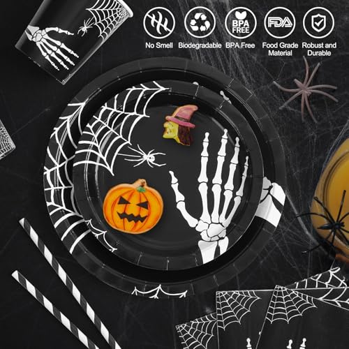 GarveeHome 215 Pcs Halloween Plates and Napkins Set Serve 25, Halloween Hand Bone Disposable Tableware Set, Decorations Includes Plates, Cups, Napkins, Tableware