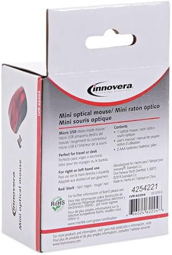 Miniatura 7 de Innovera Mini ratón óptico inalámbrico, frecuencia de 2.4 GHzrango inalámbrico de 30 pies, uso de mano izquierdaderecha, rojonegro