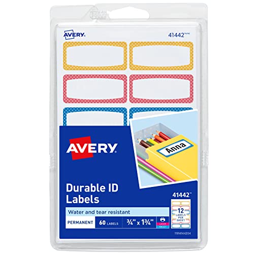 Image of Avery Durable Labels for Kids' Gear, 3/4" x 1-3/4", Assorted Border Colors, Water-Resistant Labels, Writable and Laser/Inkjet Printable, 60 Per Pack, 180 Stickers Total (3-Pack of 31442)
