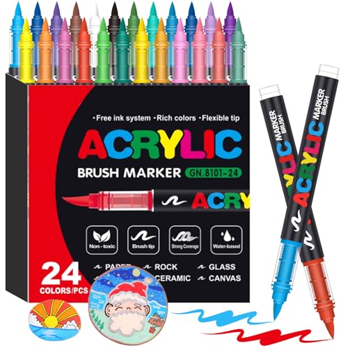 Laconile 24 Colores de Rotuladores Acrílicos para piedras Resistente al Agua, Acrylic Markers con Punta de Pincel, Paint Markers Ideales para Pintar Piedras, Porcelana, Vidrio, Lienzo, Cerámica