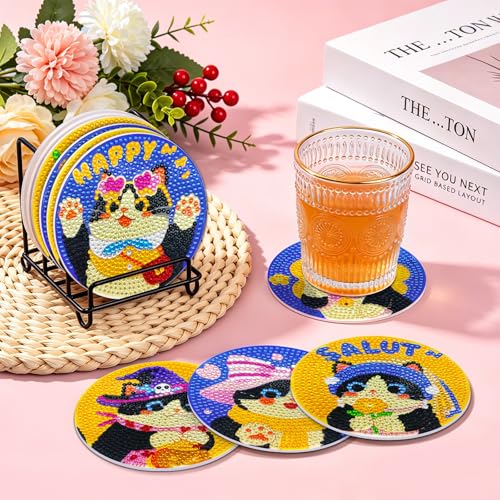 Image of ZTOTZ Diamond Art Coasters Kit with Holder, Cute Cat Theme, 8 Pcs, Round, 3.9 Inch, DIY Diamond Painting Craft for Cat Lovers
