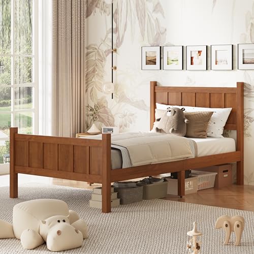 Image of Twin Size Vintage Bed Frame with Headboard, Farmhouse Wooden Platform Bed with Under-Bed Storage, Minimalist Modern Wood Grain Finish Bedframe for Bedroom (Light Walnut)