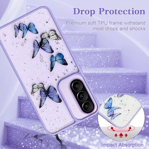 Image of VONZEE for Samsung Galaxy A37 Clear Glitter Butterfly Case, Cute Bling Sparkle Shiny Soft Silicone TPU Bumper Shockproof Women Girls Slim Protective Phone Cover for Samsung Galaxy A37, Purple