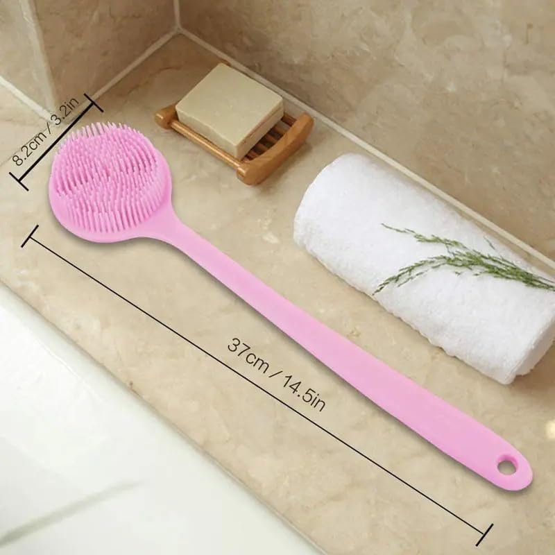 Image of Bathing Brush Practical Back Cleansing Scrubber SILICONE Body Double Sided Long Handle Anti-Slip Shower Body Brush (Silicone Pink)