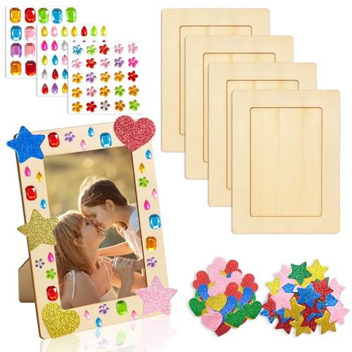 xiaoxiaozhijia 4 Pcs Cadre Photo à Décorer Enfant en Bois Vierge Kit Déco DIY avec Autocollants et Pierres Cadre Dessin Vierge pour Bricolage et Loisirs...
