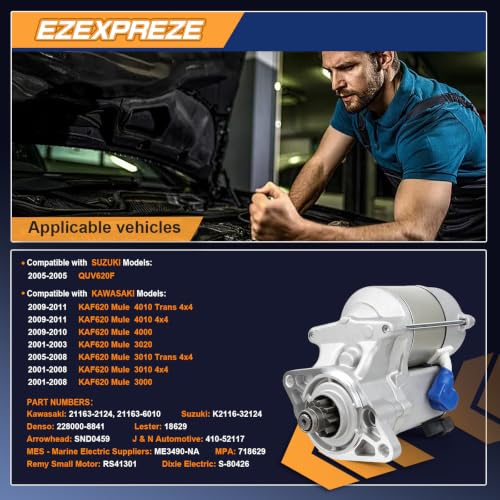 Image of Ezexpreze Kawasaki UTV Starter for KAF620 Mule 3000 3010 3020 4000 4010 2001-2011 4x4 Hardwoods Classic Trans 617cc, OE#21163-2124 21163-6010 K2116-32124 410-52117 228000-8841 49-5266 18629 SND0459