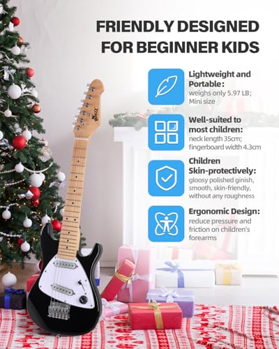 Winzz 30-Zoll-E-Gitarren-Einsteiger-Set für Kinder, Junior-E-Gitarre in 1/4-Größe für Kinder, komplettes Starter-Set mit Verstärker, Glänzende Schwarze Farbe