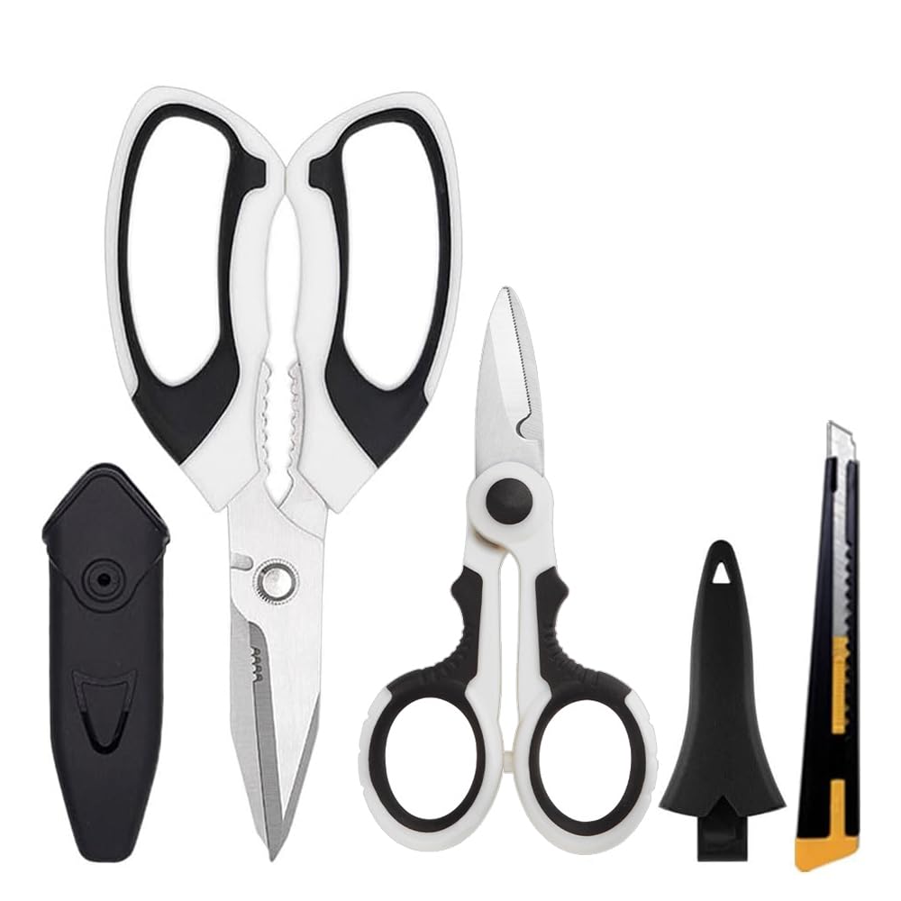 Scissors Heavy Duty Set, Ultra Sharp Stainless Steel Shears with Protective Cover, Easy Cutting Cardboard, Wires, Fabric, Leather, Iron Mesh (White)