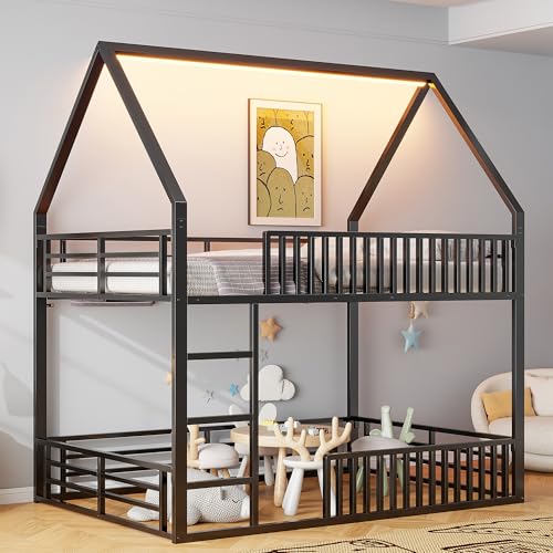 Trdlpyn Letto a Castello per Bambini 140 * 200 con luce LED, Montessori letto per Ragazzi - 1 x Rete a doghe, Struttura in Metallo, Letto Piazza e Mezza per Bambini, Nero(Senza Materasso)