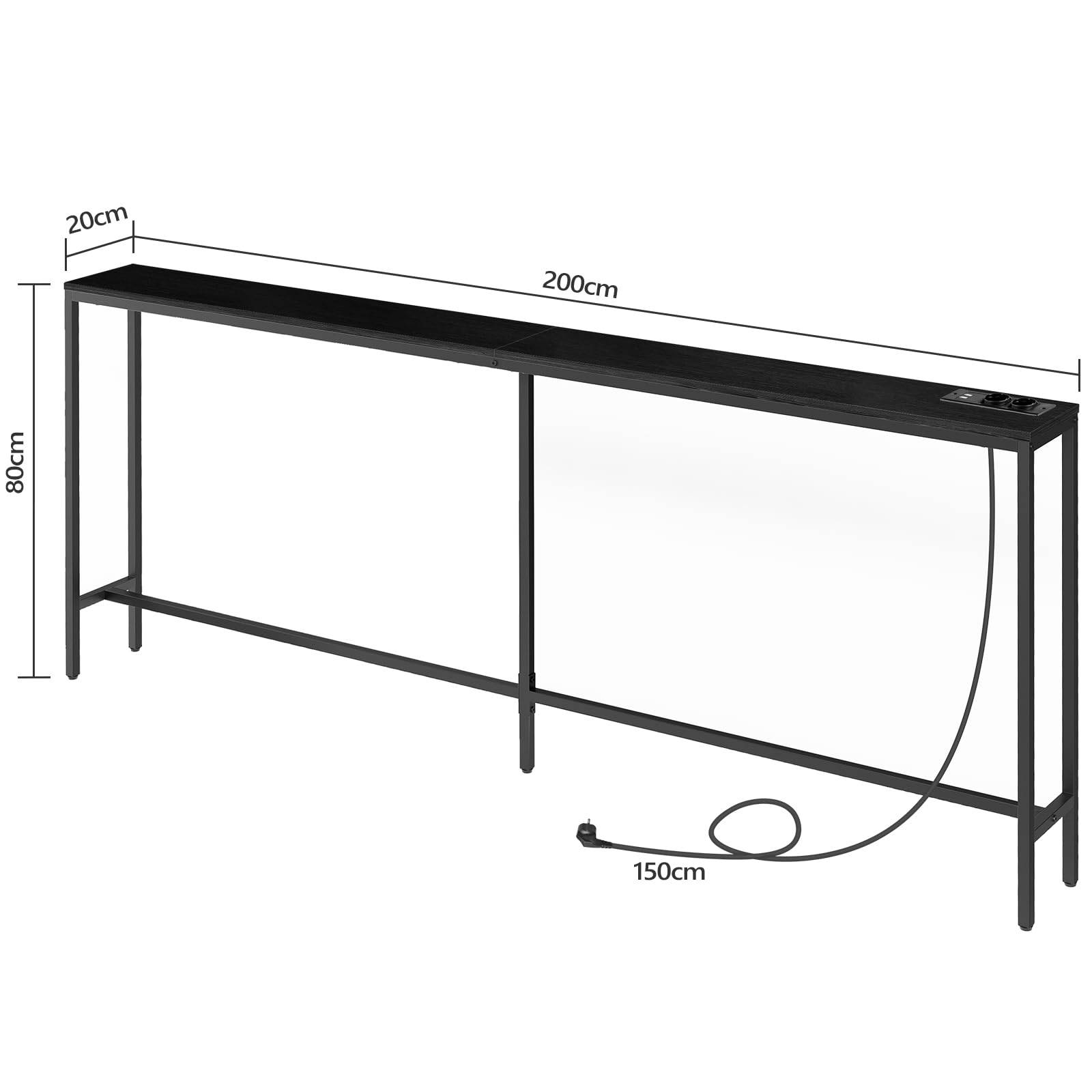 MAHANCRIS Konsolentisch mit Ladestation, 200 cm schmaler Sofatisch, industrieller Eingangstisch mit USB-Anschlüssen, Sofa-Beistelltisch für Eingang, Flur, Foyer, Wohnzimmer, Schwarz ACTBK20UE01
