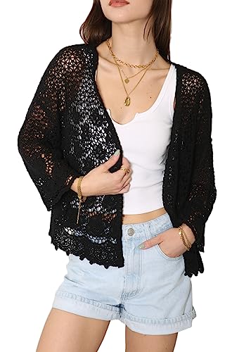 Anna-Kaci Womens Hippie Bohemian Floral Crochet Trim Swimsuit Cover Up Cardigan