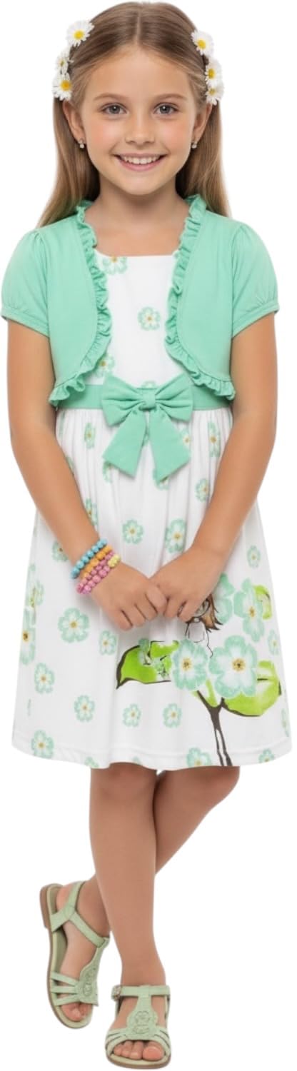 ToBeInStyle Girls Two Piece Short Sleeve Dress and Matching Bolero Crop Cardigan Assorted Prints Cotton Blend Summer Outfit