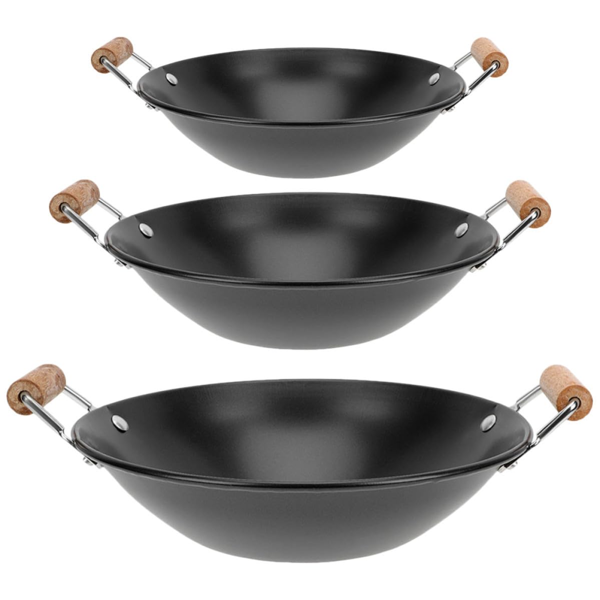 Casseroles épaisses en métal poli avec poignée bois pour restaurant et hot pot (Lot de 3)