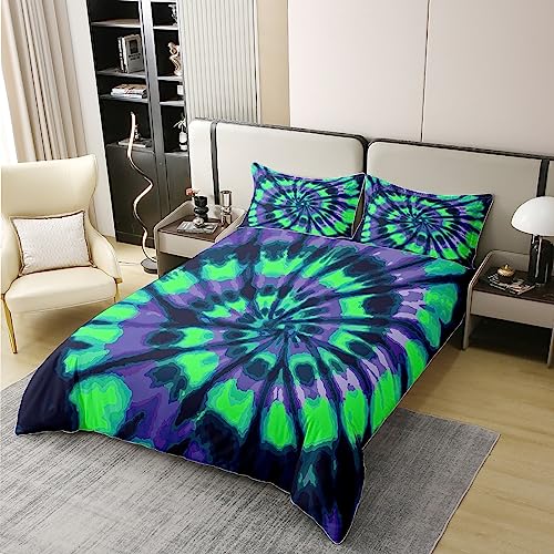 Tie Dye 100% Cotton Duvet Cover Set Single Size for Kids Boys Girls Boho Hippie Tie Dye Bedding Set Green Blue Trippy Swirl Comforter Cover Set Bedroom Decor Bohemian Gypsy Bedspread Cover - Image 3