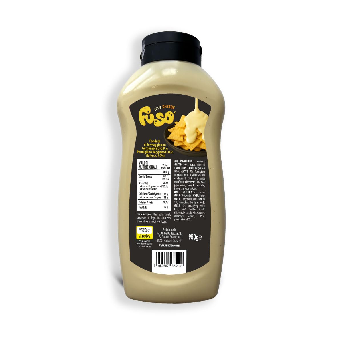 Aperisnack® - AP05.006.15X2 - Kit 2 Bottiglie di Formaggio FUSO Squeeze, da 950g, Fonduta Classica, Pronto all'uso con Parmigiano Reggiano e Gorgonzola D.O.P.