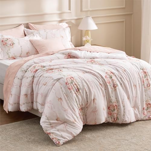 Image of Bedsure Comforter Set Twin Size - Cute Floral Bedding Comforter Set, 2 Pieces, 1 Soft Reversible Pink Dogwood Garden Flowers Comforter and 1 Pillow Sham