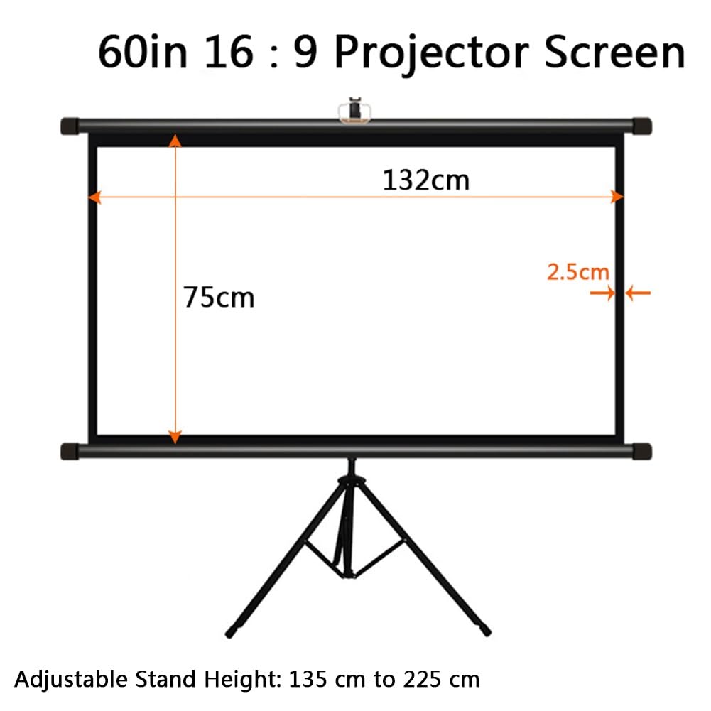 Schermo per Proiettore con Treppiede, Schermo di Proiezione Avvolgibile da 60/72 pollici, 16:9 Telo Proiettore per Home Theater, Ufficio(60inch)