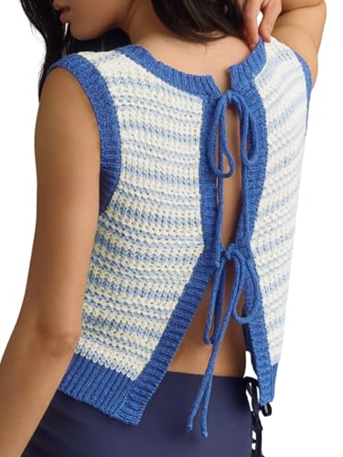 Image of Yousify Womens Crochet Sleeveless Knit Tops Tie Front Sweaters Vest 2025 Summer Tank Tops Boho Off Shoulder Sheer Blue L