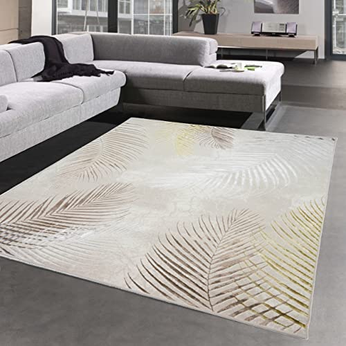 CARPETIA Moderner Wohnzimmer Designerteppich mit Palmenzweigen | pflegeleicht | Creme Gold, 120 x...