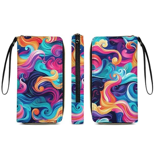 Womens Leather Wallets With Colored Waves Wallet for Women Large Capacity Card Phone Holder Ladies Purse with Wriststrap3