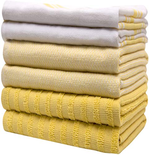 Image of Premium Kitchen Towels (20 inchx 28 inch, 6 Pack) | Large Cotton Dish Towels | Flat & Terry Highly Absorbent Kitchen Linen Set with Hanging Loop | Wide Stripe Yellow