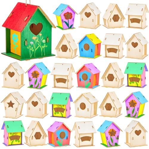 Juexica 30 Pcs Wooden Bird Houses to Paint Bird House Kits for Kids Unfinished Wood Bird Houses Crafts Kits for Children to Build and Paint DIY Craft(Cute)