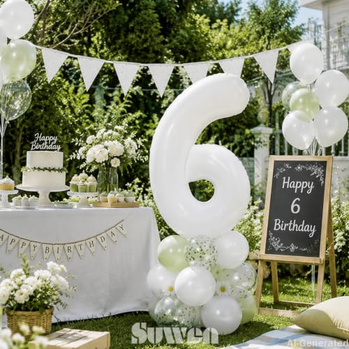 Image of SUWEN 40 Inch White Large 6 Balloon Number Big Foil Helium Numbers 0-9 | Giant Jumbo Happy 6th Birthday Party Decorations for Men or Women Huge Mylar Anniversary Party Supplies