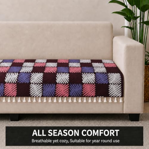 Image of STITCHNEST 'Frostvine Collection' 3 Seater Sofa Cover| Cotton Quilted Fabric, Decorative Tassels, Washable & Durable for Modern Living