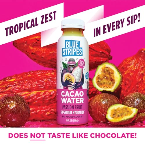 Image of Blue Stripes Passion Fruit Cacao Water - Hydration Drink with Natural Electrolytes & Antioxidants | Cold Pressed Cacao Juice, Fruit Juice & Water | No Sugar Added & Plant Based | 10 Fl Oz (12 Pack)