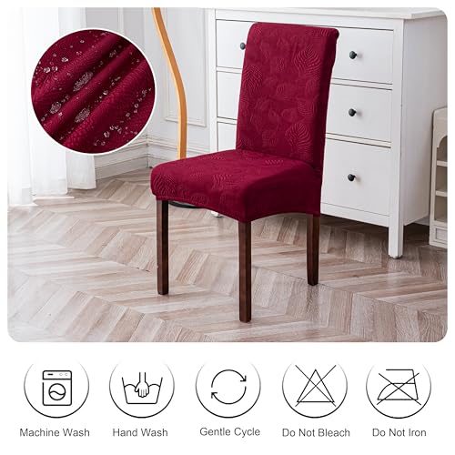 Image of Waterproof Dining Chair Cover Set of 4,Kitchen Chair Cover,Wine | Stretch Dining Room Chair Slipcovers with Leaf Jacquard,Removable Kitchen Chair Protector for Home,Restaurant,Banquet