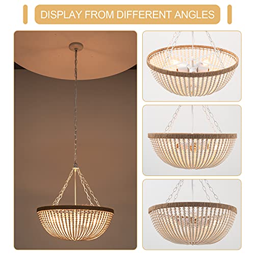 ELYCCUPA 5 Lights Bohemia Wood Beaded Chandelier Farmhouse Antique Rustic Pendant Light for Bedroom Kitchen Island Dining Living Room, White, Dia 22 Inch - Image 7