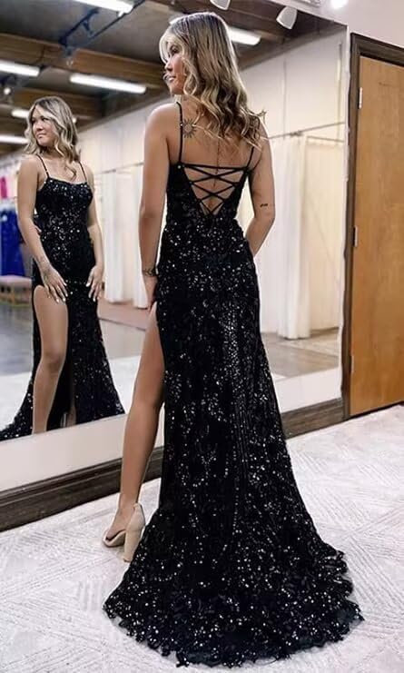 Sparkly Sequin Mermaid Prom Dress 2025 with Slit for Women Spaghetti Straps Evening Formal Gown RA004B2